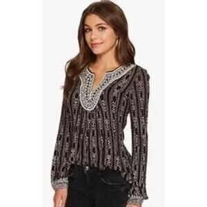 Lucky Brand Shirt Womens Large Black White Embroidered Boho Peasant Top